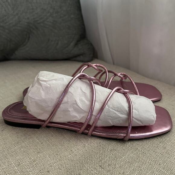 NEW Maeve Anthropologie Shiny Pink Strappy Slip On Sandals Leather Square Toe 8 - Picture 3 of 10